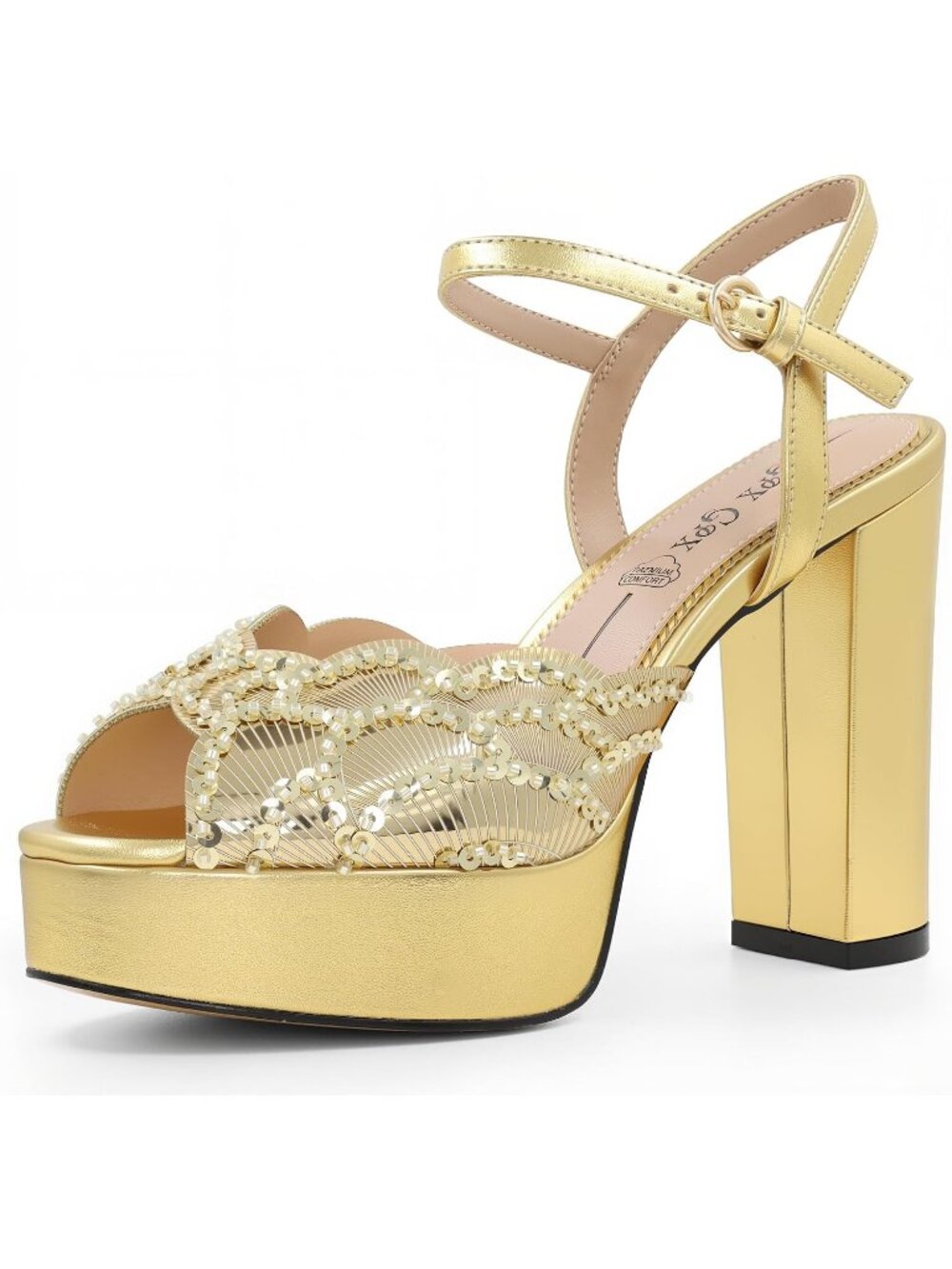 Women's Gold Sparkly Fish Mouth Open Toe Ankle Strap Chunky Sexy Heel Shoes
